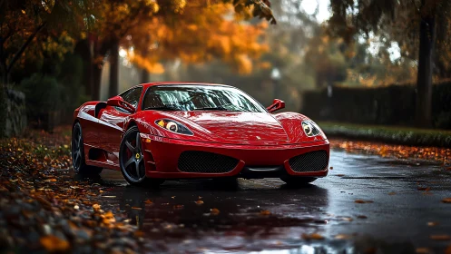 Red sports coupe on wet tree lined road in autumn weather.