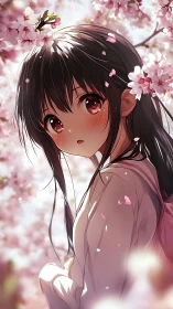 Girl with dark hair among dense pink cherry blossoms.
