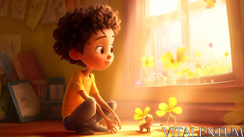Sunlit child watches tiny creature bloom by glowing window