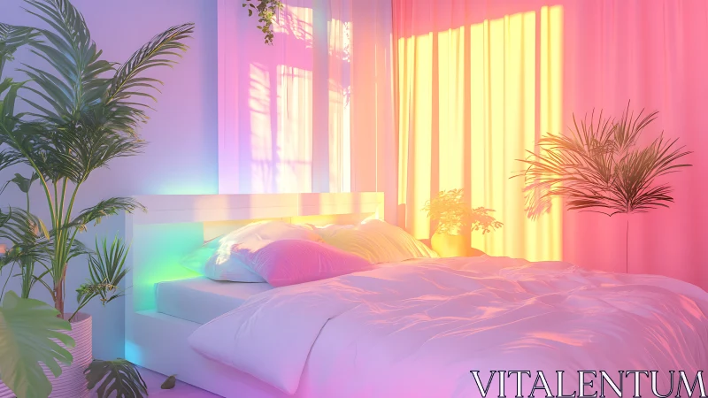 Sunlit bedroom shows pastel gradient lighting on white bed