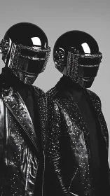 Two helmeted figures in studded black leather jackets.