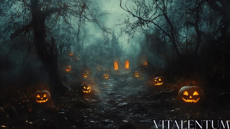 Digital painting of haunted forest path with jack-o&rsquo;-lanterns aglow.