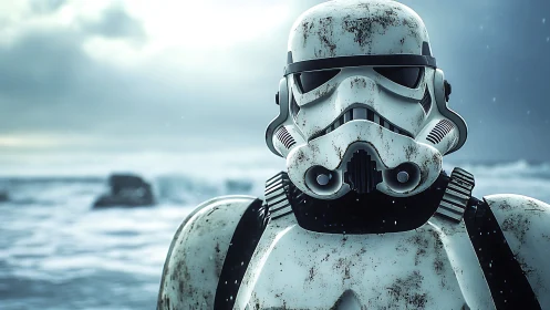 Armored sci-fi soldier with weathered helmet by stormy sea.