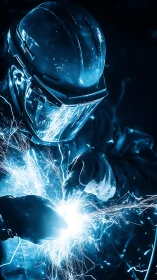 Industrial welder captured amid blue sparks and energy.