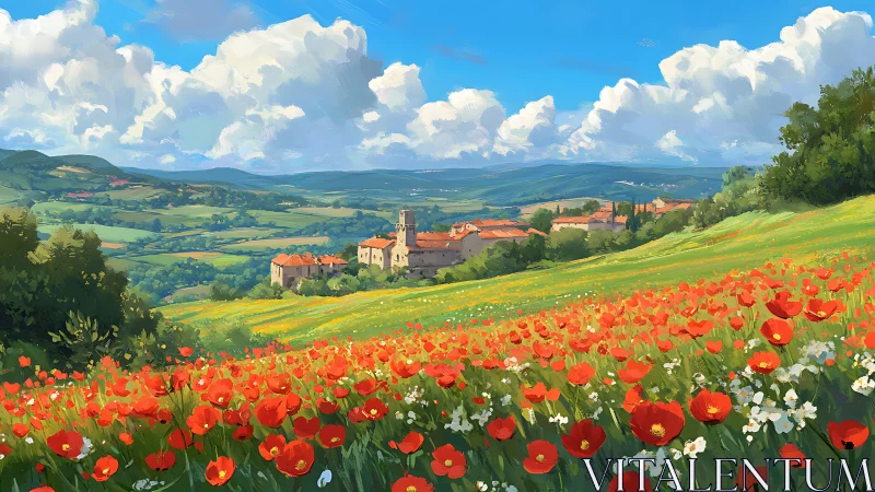 Poppy field spreads before distant hill village under clouds