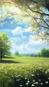 Spring sunlight drifts softly across a wildflower meadow