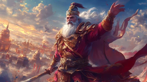 Majestic elder king in crimson armor above a golden city.