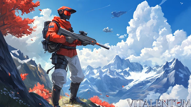 Combat Operator in Alpine Terrain: Sci-Fi Illustration.