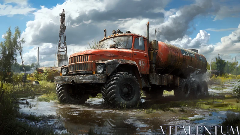 Weathered orange tanker truck in muddy rural marshland.