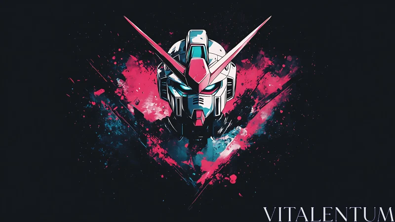 Mech helmet bursts through neon ink splatter collision