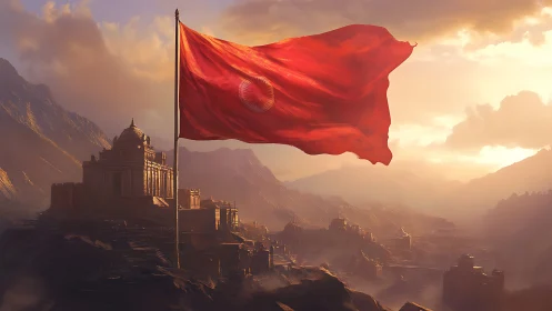 Crimson standard soaring above a sunlit mountain citadel.