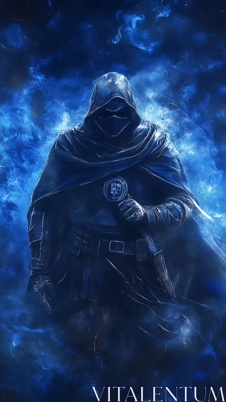 Hooded figure stands in blue energy cloud, holding emblem