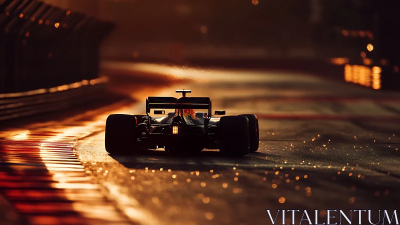 Formula race car on circuit at sunset with glowing sparks.