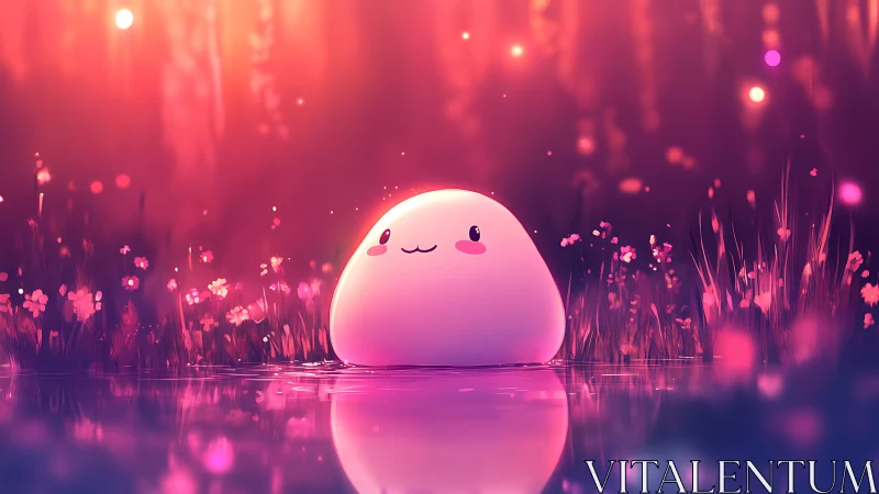 Luminous pastel blob character on reflective forest pond.