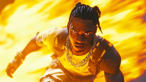 Stylized digital runner in dynamic flame-lit motion field