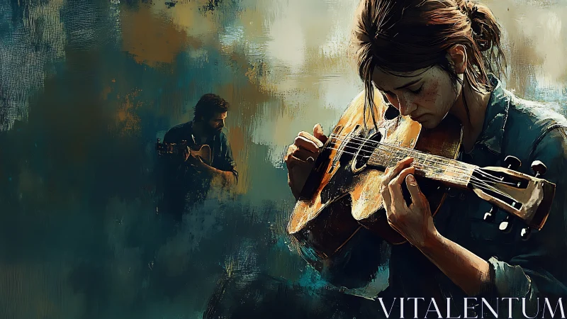 Digital painting of pensive young guitarist with distant mentor