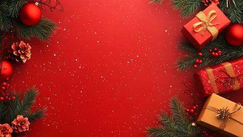 Symmetrical Christmas border arranges gifts, baubles and pine branches