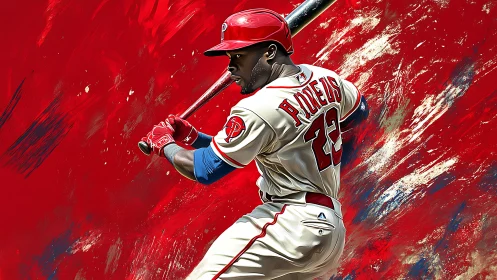 Baseball hitter readies swing amid explosive red backdrop.