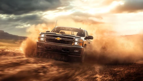 Dust-slinging desert pickup lunging into golden stormlight.