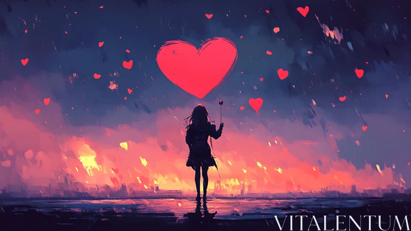 Silhouetted figure holding floating red heart against sunset cityscape