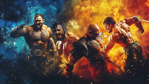 Muscular warriors clash amid dual blue and orange firestorms