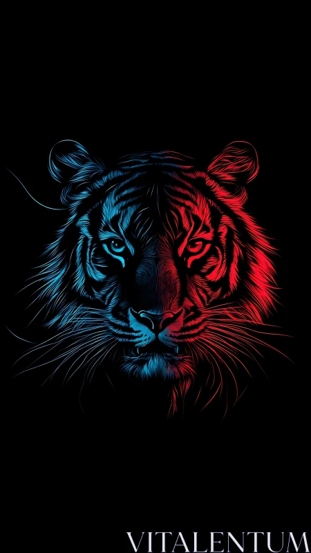 Symmetrical tiger head uses dual-color line rendering on black