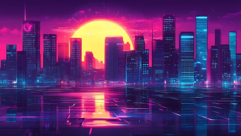 Neon drenched skyline basking in a glowing retro sunset.