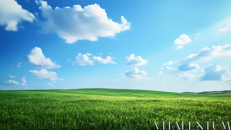 Sunlit green meadow stretches under calm blue sky.