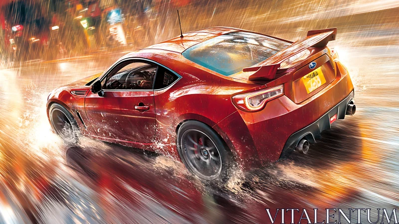 Red sports coupe powers through neon city rainstorm at speed.