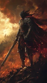 Shadow knight overlooking a burning battlefield at dusk.