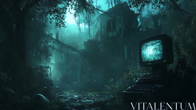 Old computer monitor glows in overgrown abandoned ruins