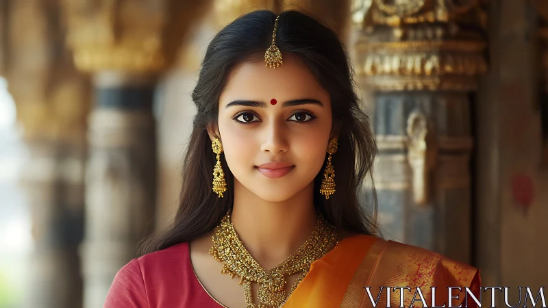 Elegant Indian Woman in Traditional Saree with Gold Jewelry, Portrait.
