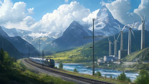 High speed train crossing alpine valley near wind farm.