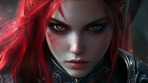 Warrior portrait emphasizes fiery hair, heterochromatic eyes, ornate armor