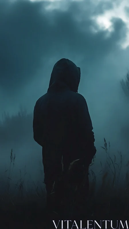 Hooded figure standing alone in dark misty field at dusk.