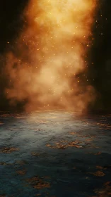 Rusty stone floor under glowing orange smoke cloud.