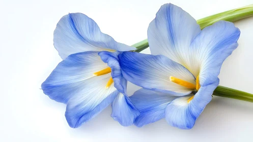 Two blue iris flowers with green stems on white background.