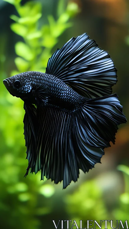 Midnight betta fish glides elegantly through lush aquarium greens