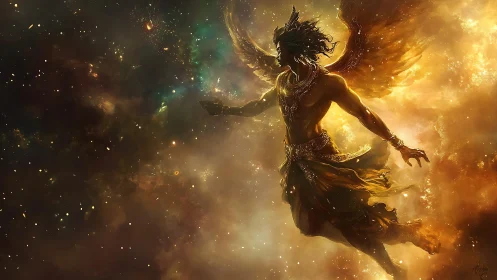 Starlit winged guardian drifting through cosmic dawn.