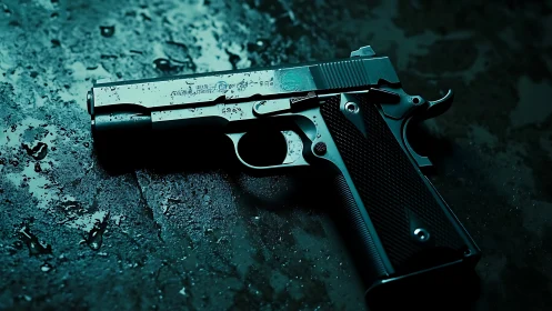 Wet metal handgun rendered in cinematic teal side lighting