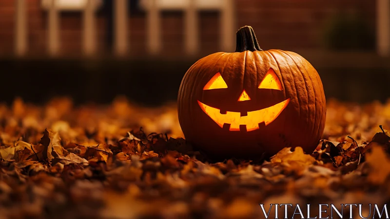 Photorealistic jack-o-lantern amid autumn leaf ground plane.