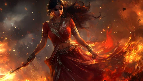 Blazing goddess strides through stormfire in molten silk.