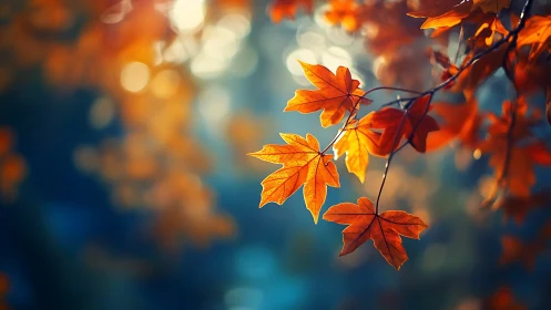 Sharp orange autumn leaves against soft blue bokeh.