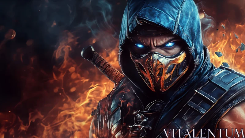 Fiery hooded warrior steps forward with blazing blue gaze