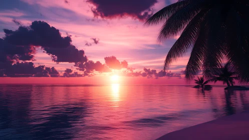 Peaceful tropical sunset wrapped in soft pink and violet glow.