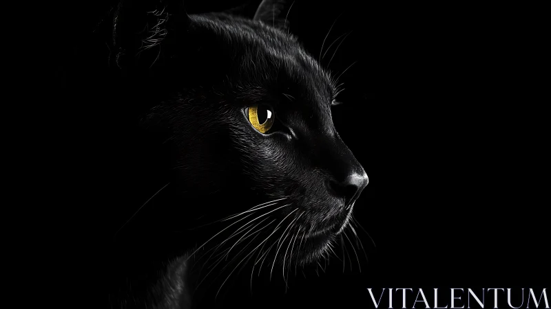 Black Feline Portrait with Luminous Golden Iris Against Void