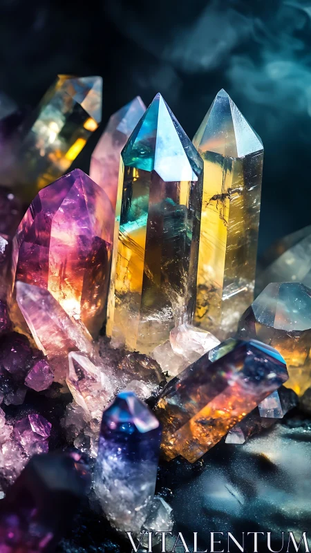 Photorealistic multicolored crystal cluster with prismatic light.