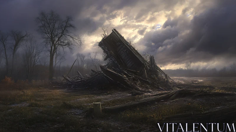 Stormlit ruin leans into a quiet, brooding autumn field