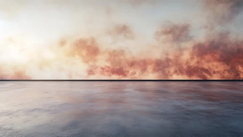 Minimalist horizon over reflective sea under fiery clouds
