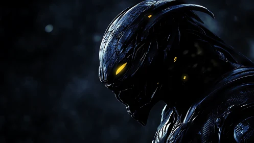 Side profile of biomechanical humanoid with yellow eye glow.
